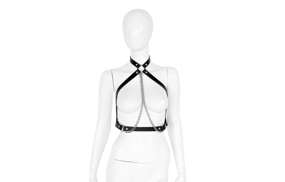 Schwarzes Lederhalsband mit silbernen Ketten | BDSM