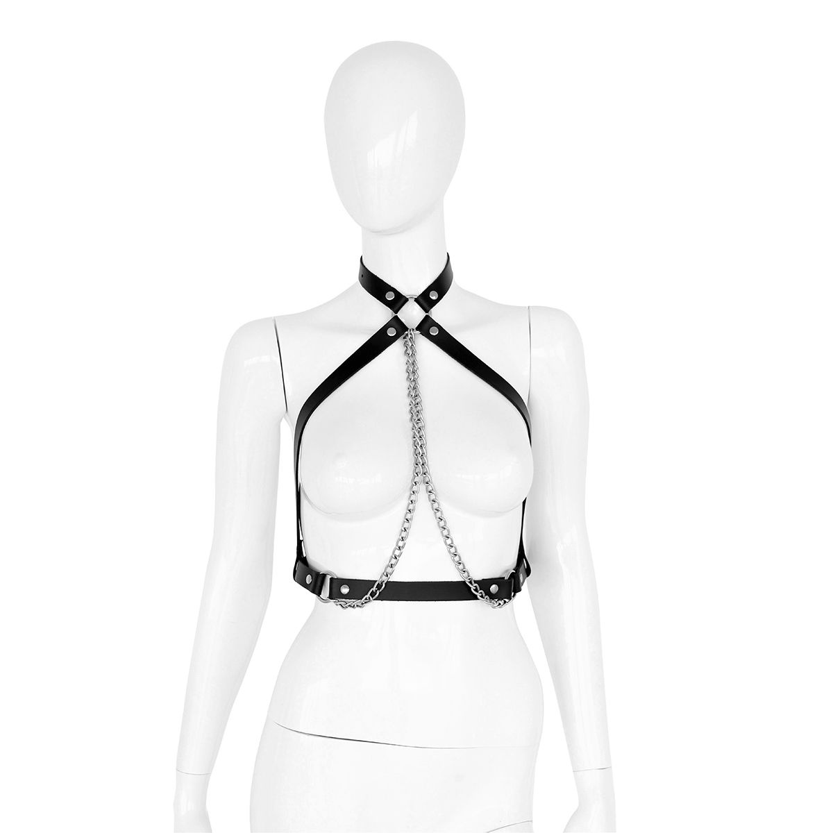 Black Leather Collar Chest Top with Silver Chains | BDSM