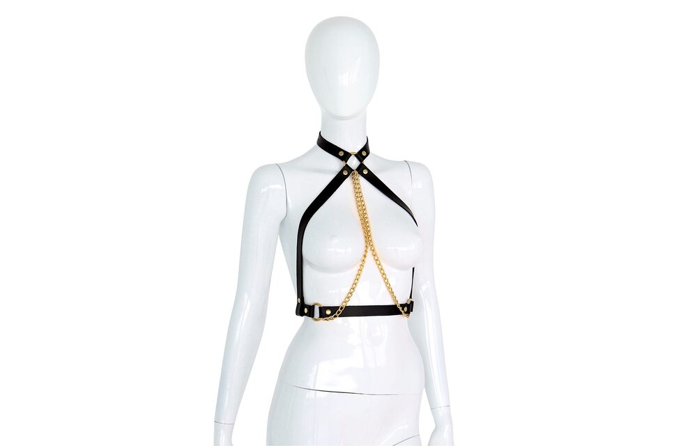 Zwart Lederen Collar met Gouden Kettingen | BDSM Borsttop