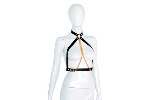 Zwart Lederen Collar met Gouden Kettingen | BDSM Borsttop