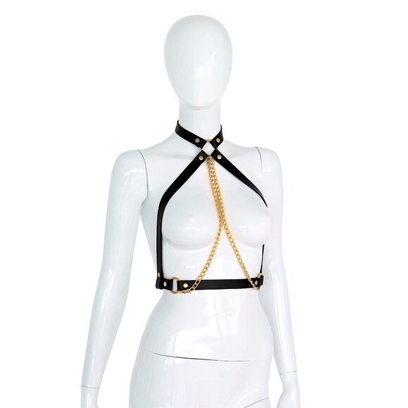 Black Leather Collar with Gold Chains | BDSM Chest Top
