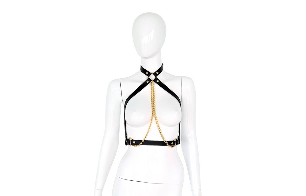 Zwart Lederen Collar met Gouden Kettingen | BDSM Borsttop