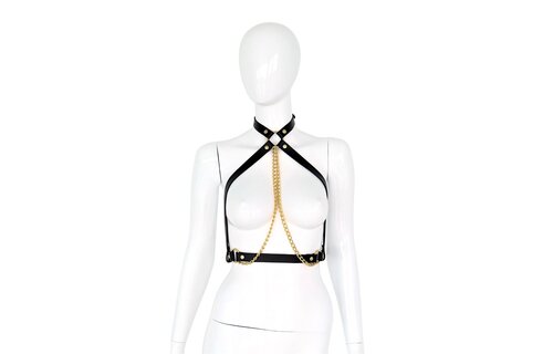 Black Leather Collar with Gold Chains | BDSM Chest Top