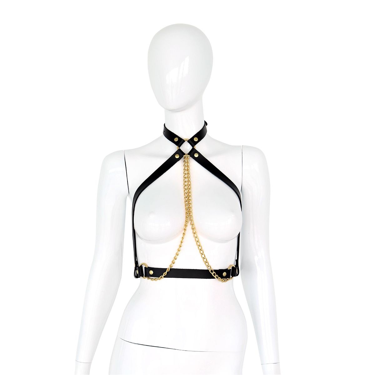 Zwart Lederen Collar met Gouden Kettingen | BDSM Borsttop