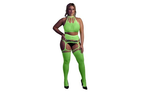 Neonfarbenes zweiteiliges Set mit Crop-Top und Strümpfen – UV-aktiv und bequem