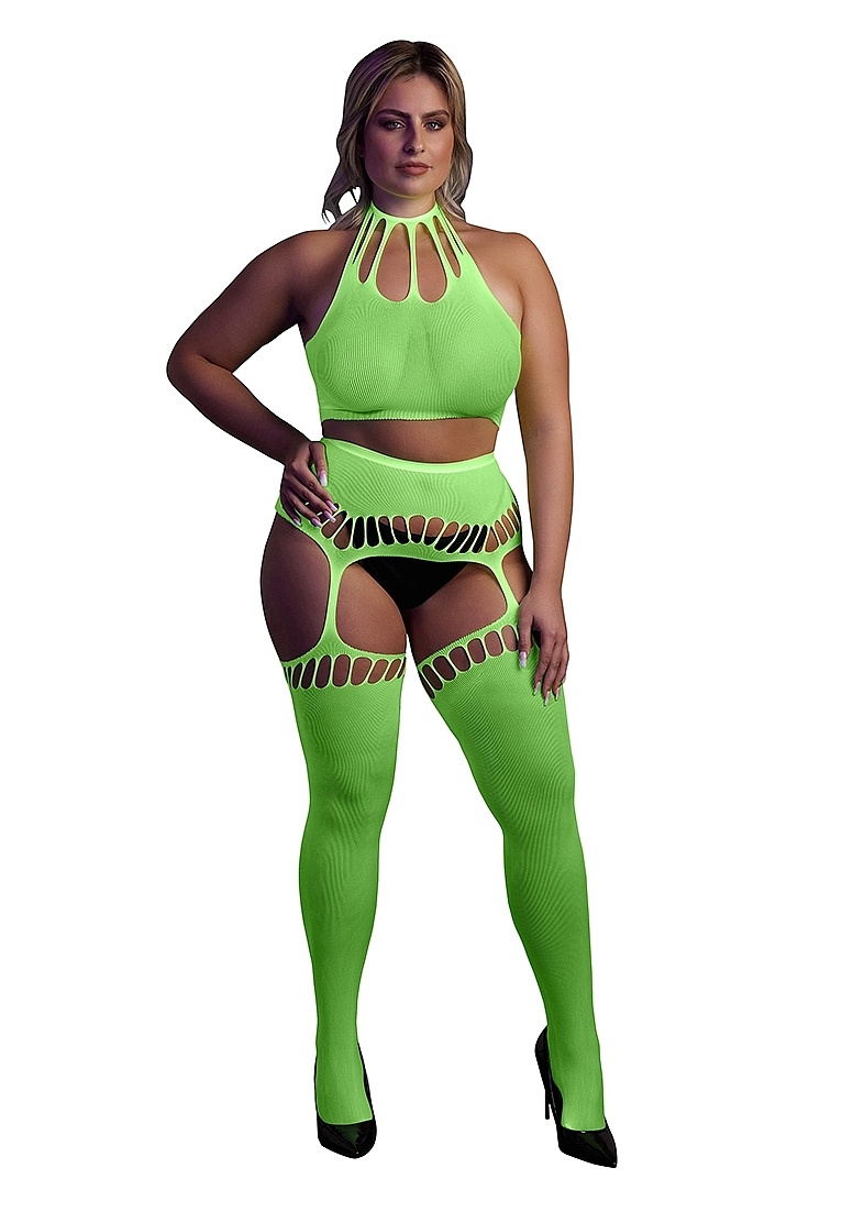 Neon Two-Piece Set With Crop Top And Stockings – UV-Active & Comfortable