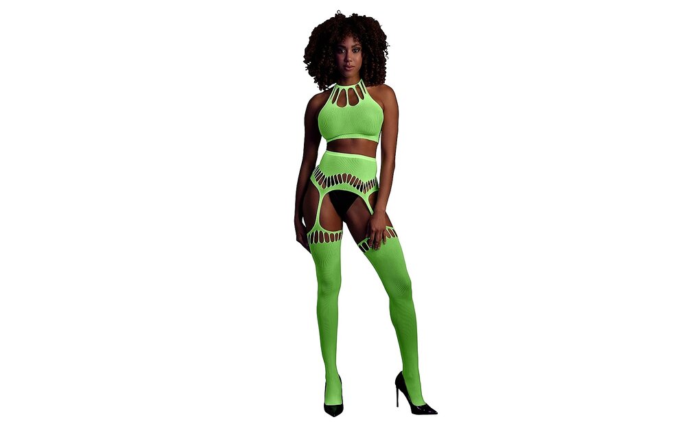 Neon Two-Piece Set With Crop Top And Stockings – UV-Active & Comfortable