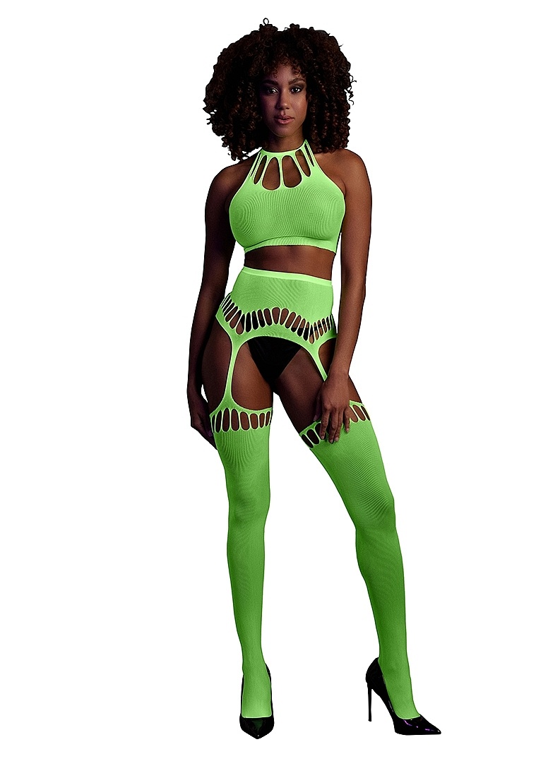 Neon Two-Piece Set With Crop Top And Stockings – UV-Active & Comfortable