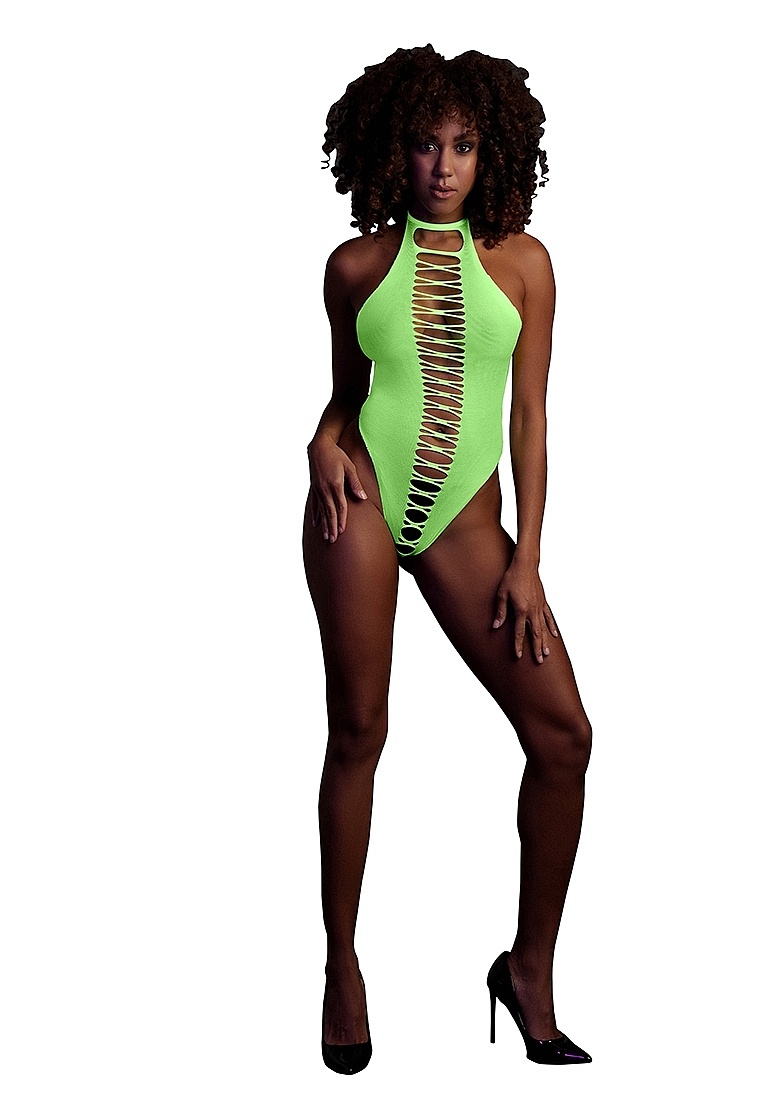 High-Cut Bodysuit Neon Green UV-Active | Ouch! By Shots