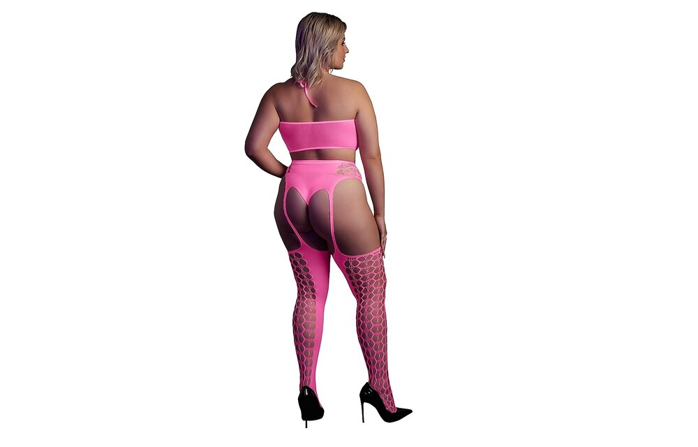 Neon Pink Plus Size Lingerie Set | Crop Top & Stockings