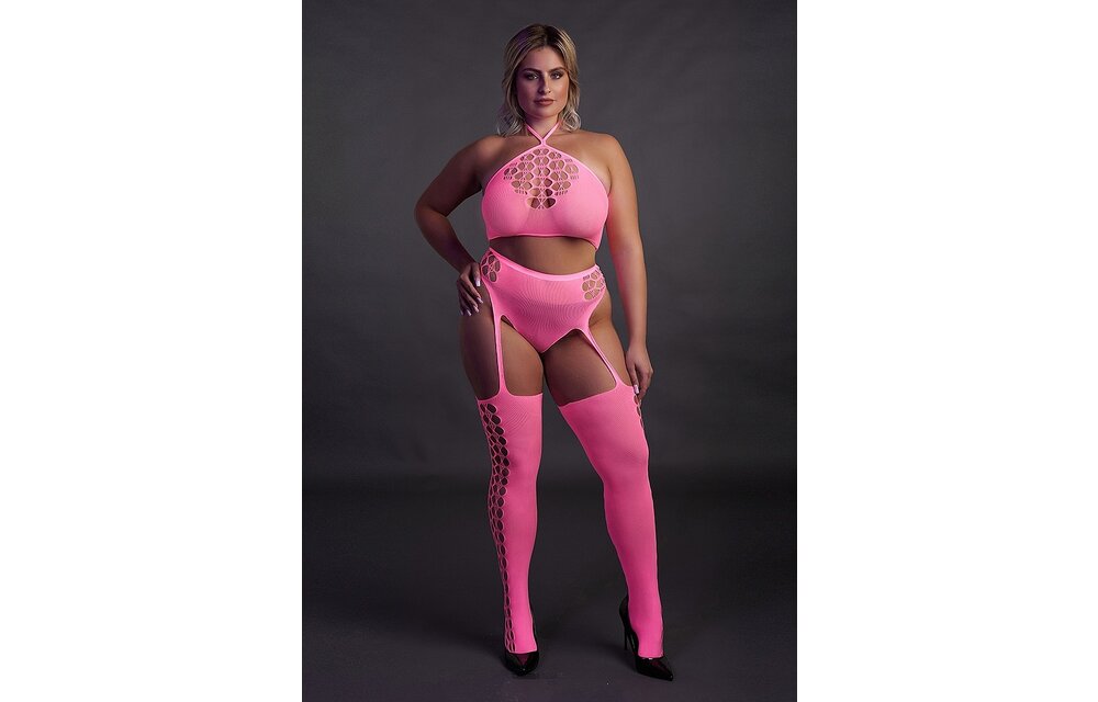 Neon Pink Plus Size Lingerie Set | Crop Top & Stockings