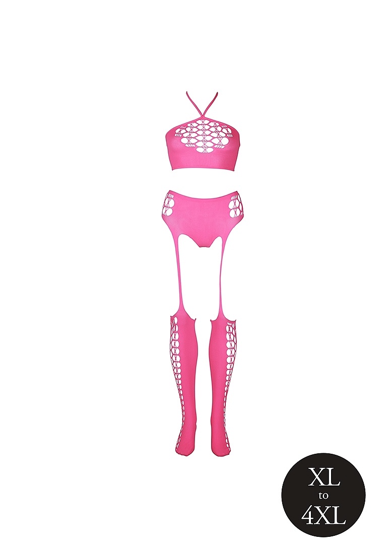 Neon Pink Plus Size Lingerie Set | Crop Top & Stockings