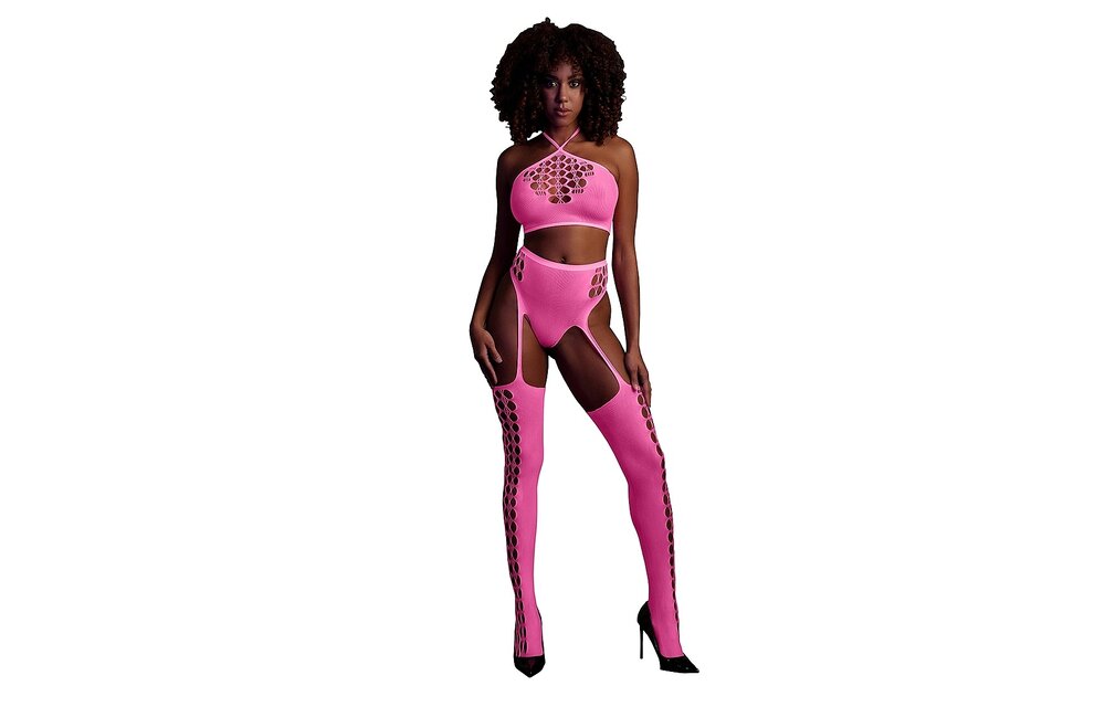 Neon Pink Plus Size Lingerie Set | Crop Top & Stockings