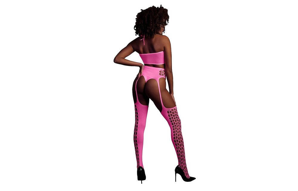 Neonrosa Plus Size Dessous-Set | Crop Top & Strümpfe