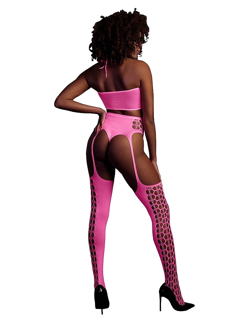 Neon Pink Plus Size Lingerie Set | Crop Top & Stockings