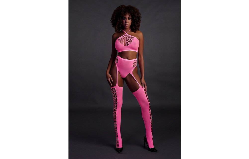 Neon Roze Plus Size Lingerie Set | Crop Top & Kousen