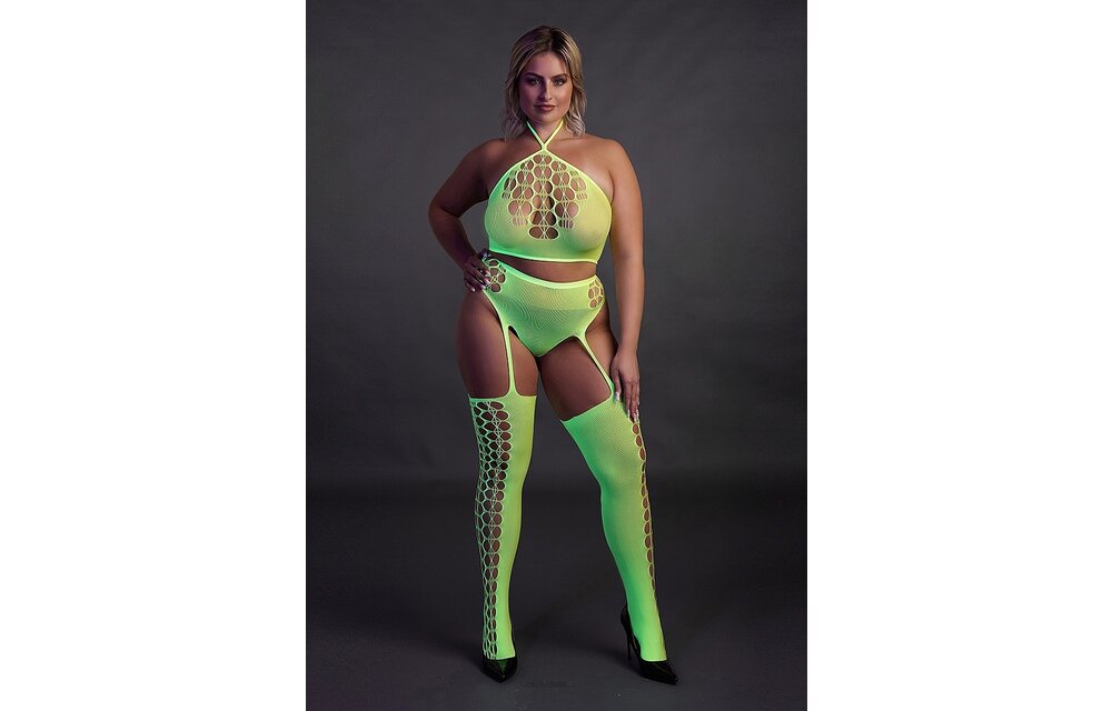 Neon Two-Piece Set: Sexy Crop Top & Stockings Plus Sizes