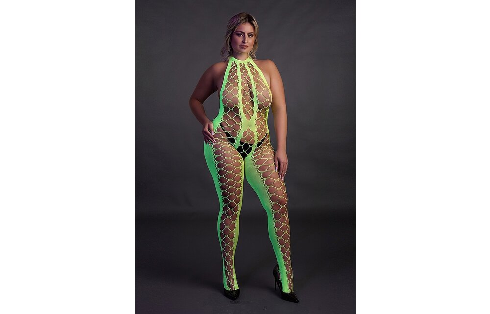 Bodystocking with Halter Neck Neon Green Plus Size | Ouch! Shots