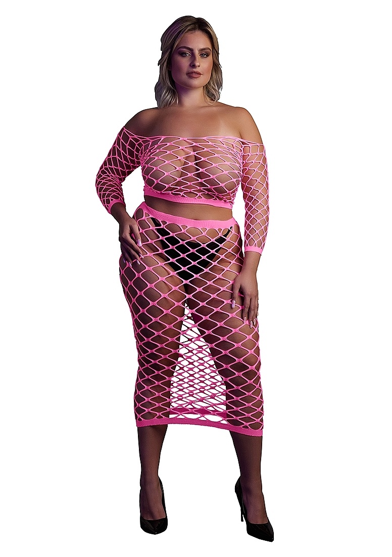 Neon Roze Crop Top & Rok Langemouwen Plus Size | Ouch!