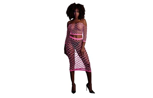 Neon Roze Crop Top & Rok Langemouwen Plus Size | Ouch!