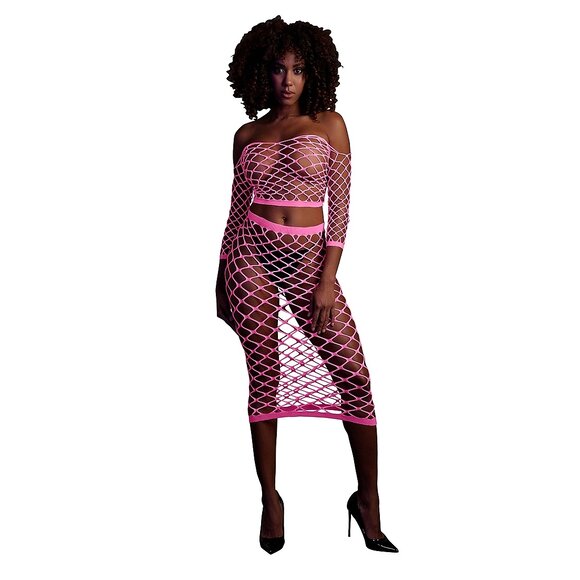 Neon Roze Crop Top & Rok Langemouwen Plus Size | Ouch!