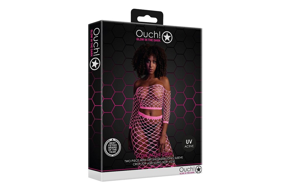 Neon Pink Crop Top & Skirt Long Sleeves Plus Size | Ouch!