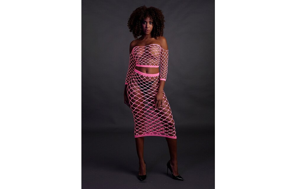 Neon Roze Crop Top & Rok Langemouwen Plus Size | Ouch!