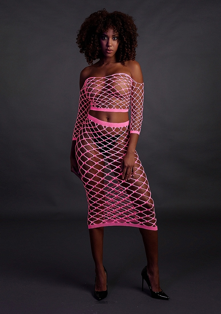 Neon Pink Crop Top & Skirt Long Sleeves Plus Size | Ouch!