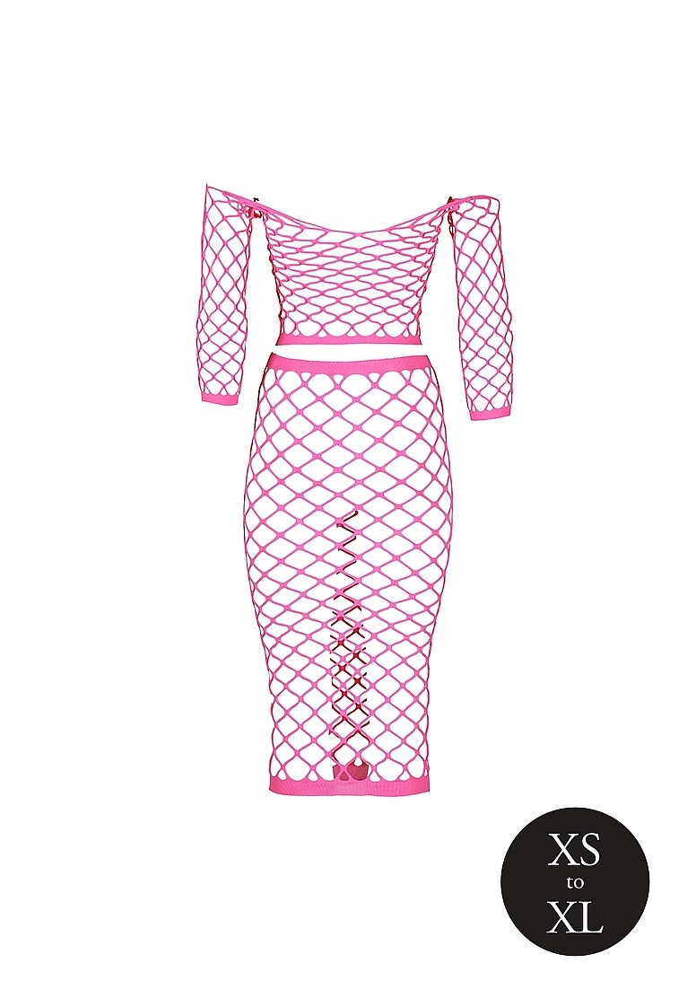 Neon Pink Crop Top & Skirt Long Sleeves Plus Size | Ouch!