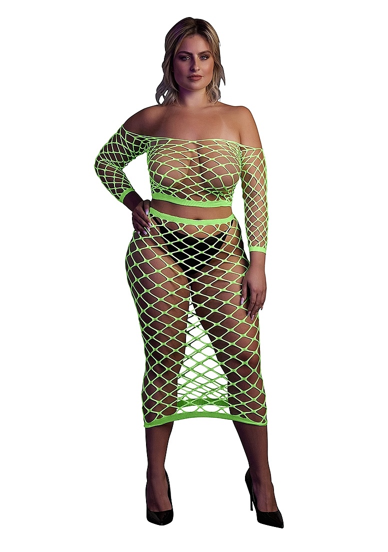 Langärmeliges Crop-Top & langer Rock in Neongrün – Ouch! By Shots