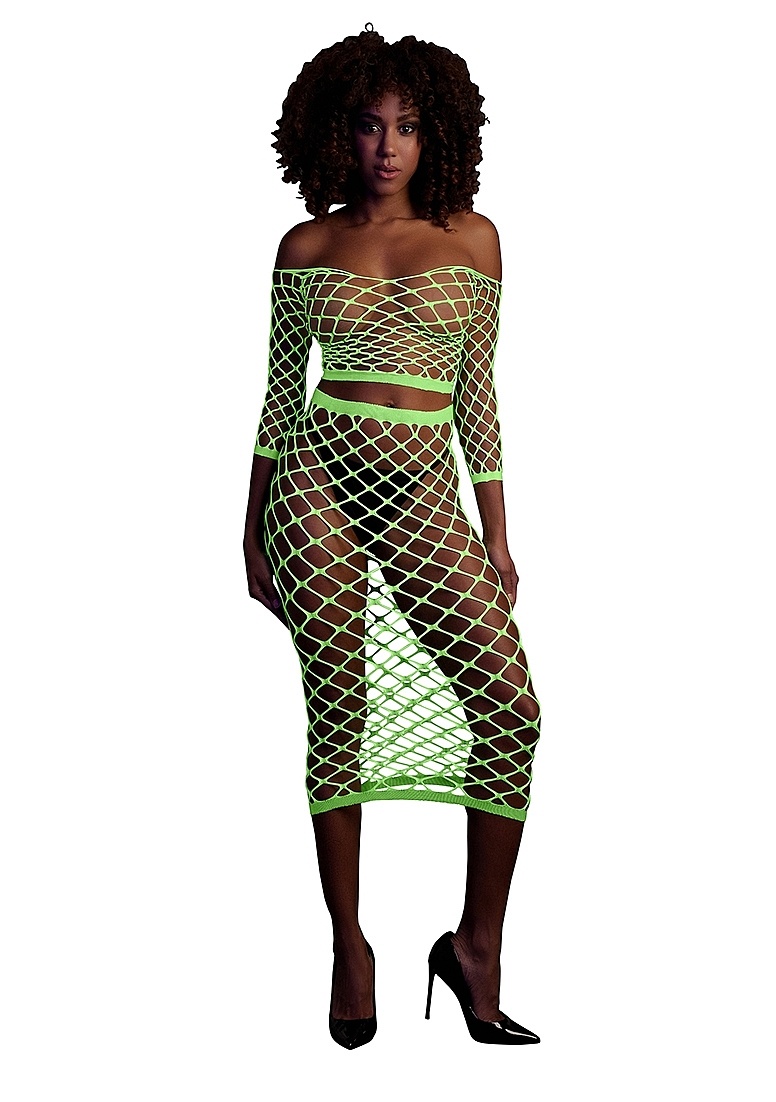 Langärmeliges Crop-Top & langer Rock in Neongrün – Ouch! By Shots