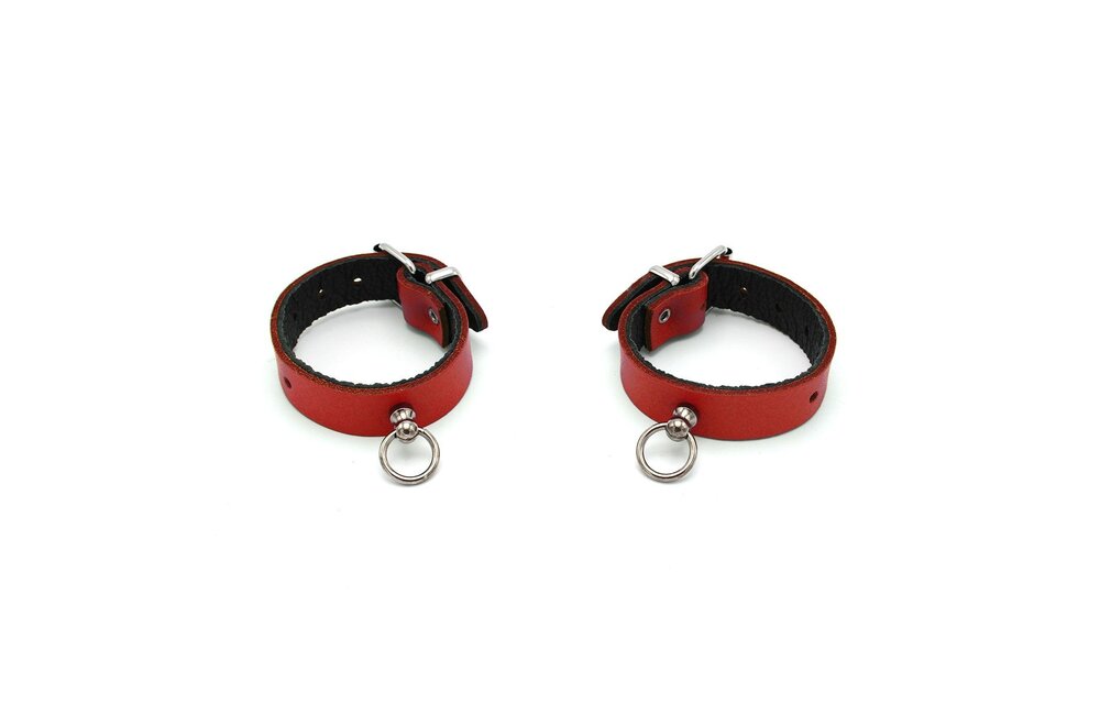 Leather Handcuffs Mini O-Ring Red