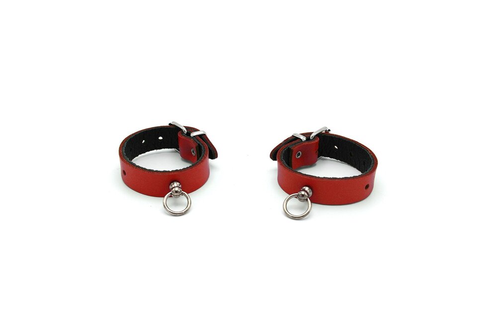 Leather Handcuffs Mini O-Ring Red