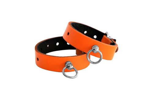 Leather Handcuffs Mini O-Ring Orange