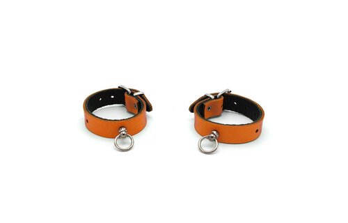 Leather Handcuffs Mini O-Ring Orange