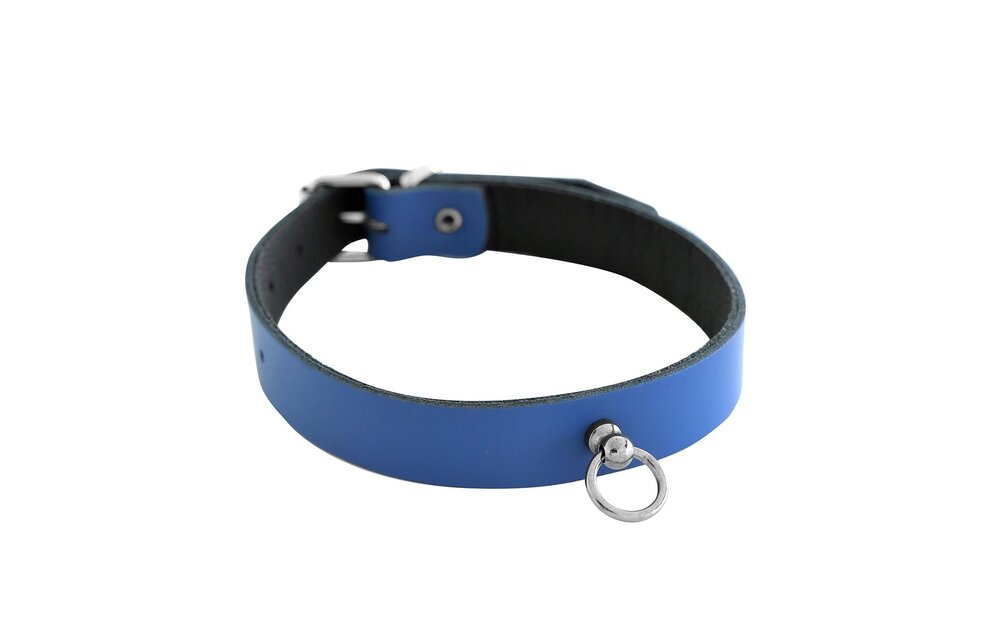 Lederhalsband Mini-O-Ring Blau | Luxuriöses BDSM-Halsband 49 cm
