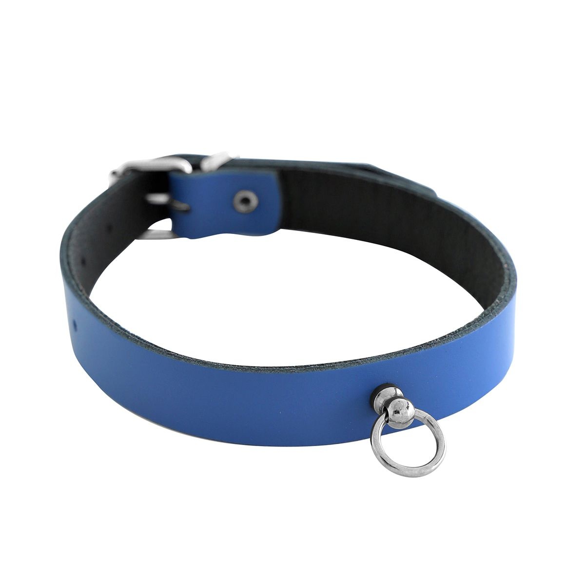 Leather Collar Mini O-Ring Blue | Luxury BDSM Collar 49 cm