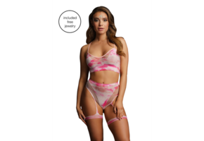 2-Piece Bra Set with Garters and Dazzling Eye Contact Bling Sticker - One Size - Multicolour