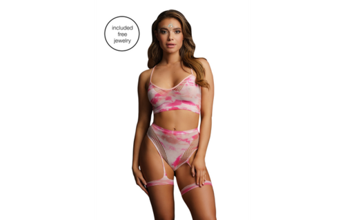 2-Piece Bra Set with Garters and Dazzling Eye Contact Bling Sticker - One Size - Multicolour