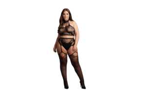 Two Piece with Halter Turtleneck and Pantie with Attached Stockings - OSX - Black