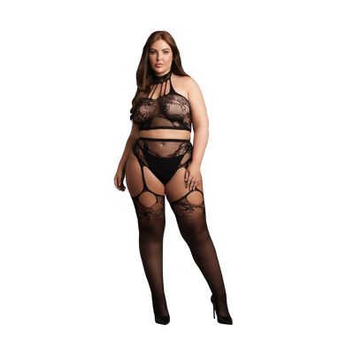 Tweedelig Zwart Setje Xl-4Xl Met Col & Aangehechte Kousen