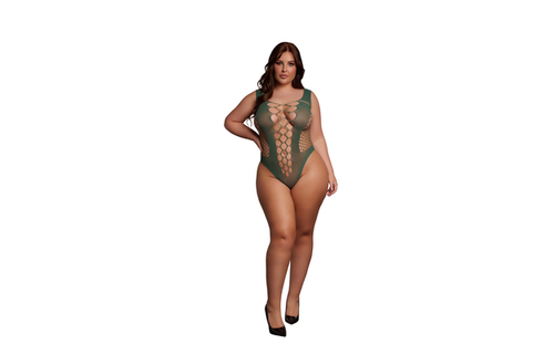 V-Neck Teddy Women's XL-4XL Green With Sexy Fishnet | Le Désir