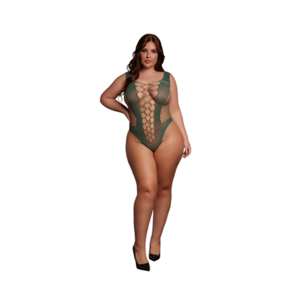V-Neck Teddy Women's XL-4XL Green With Sexy Fishnet | Le Désir