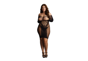 Contrast Net Long Sleeved Mini Dress - Plus Size