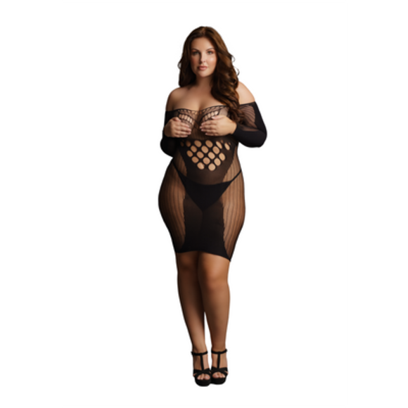 Contrast Net Long Sleeved Mini Dress - Plus Size