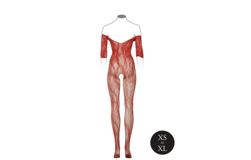 Lace Bodystocking Red With Long Sleeves – One Size Fit