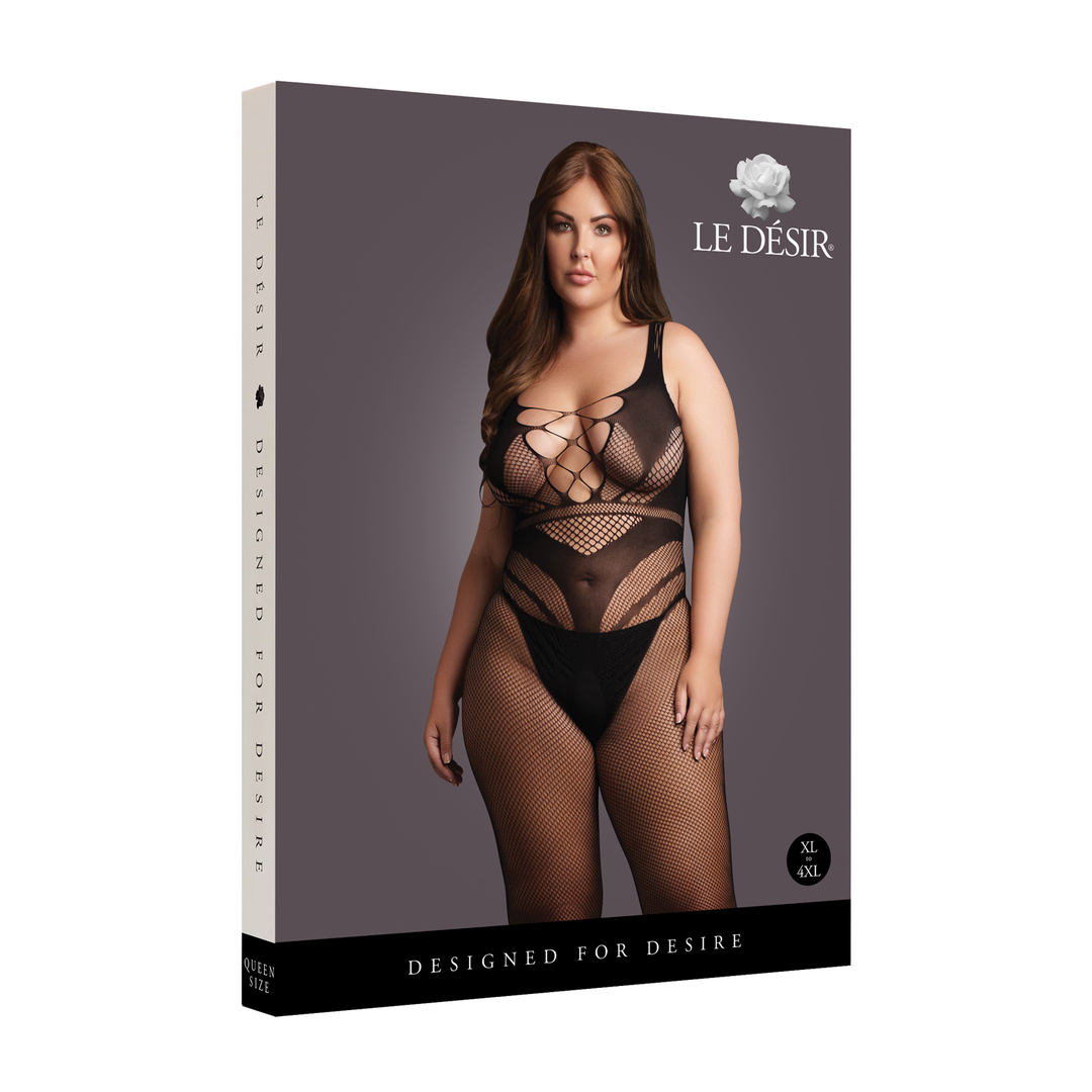 Bodystocking mit Linien Schwarz – Verführerische Kurven XL-4XL