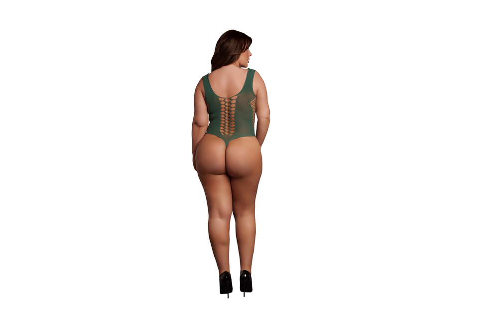 V-Ausschnitt Teddy Damen XL-4XL Grün mit sexy Fischnetz | Le Désir