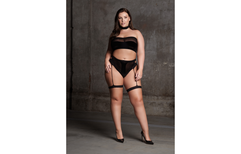 Ananke XII - Dreiteiler mit Halsband, Bandeau-Top und Höschen mit Strumpfbändern - Große Größen