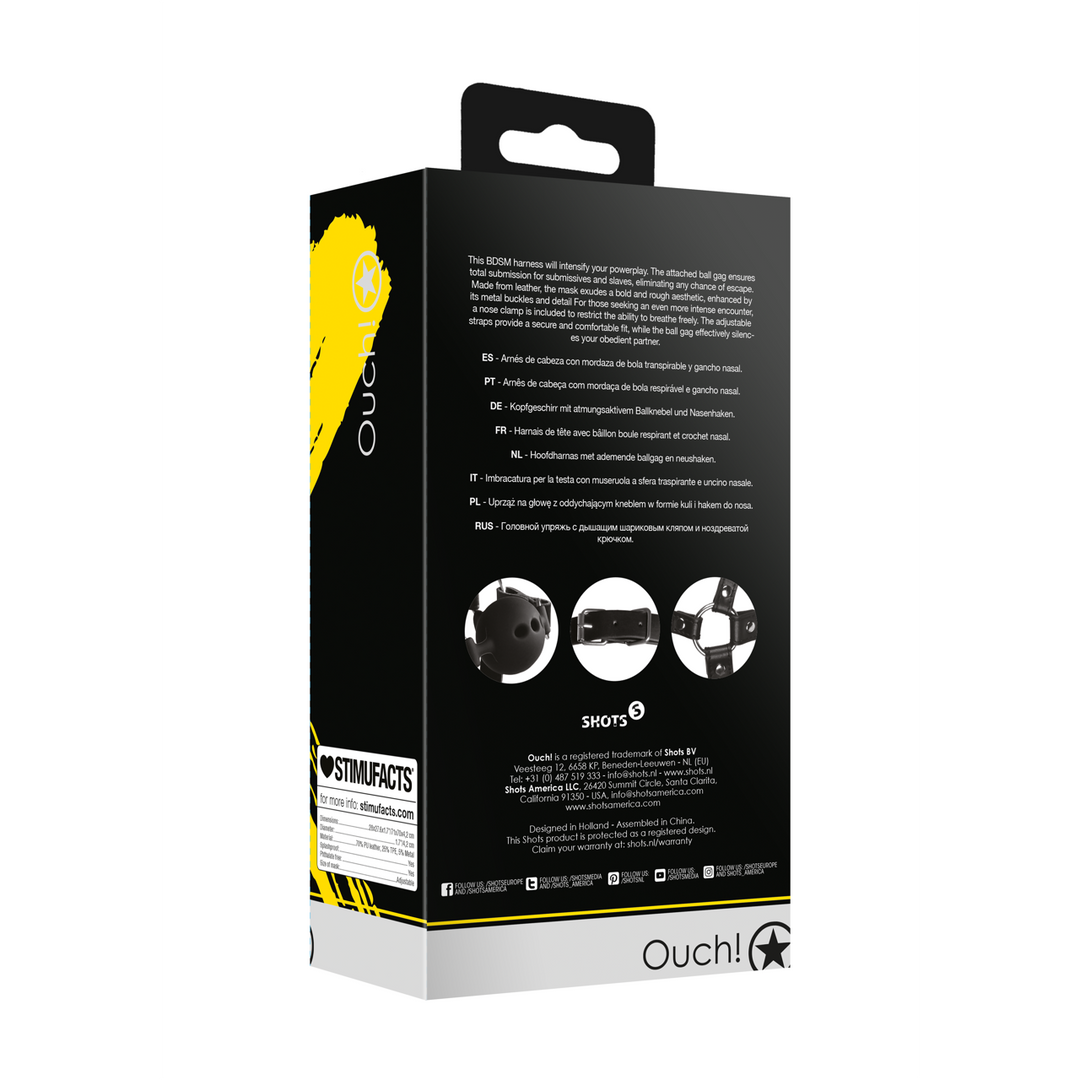 Head Harness with Breathable Ball Gag and Nose Hooks